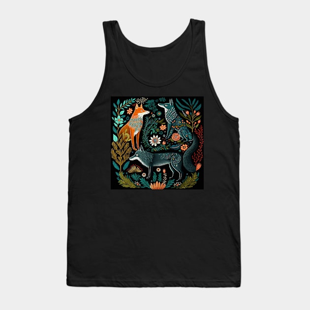 Three Folksy Funky Foxes Grooving With Thriving Fauna Tank Top by All Folked Up